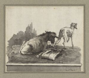A Donkey Lying on the Grass, with an Italian Greyhound