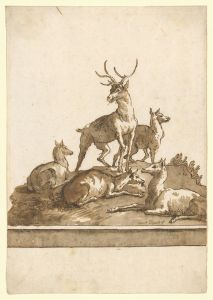 A Stag and Four Hinds on a Grassy Knoll