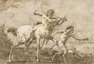 Satyr Leading a Centaur, Who Carries a Club, Bow and Quiver, Outside the Walls of a City