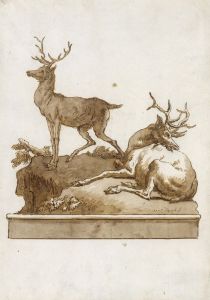 Two Stags, One Standing and One Lying, on a Grassy Knoll
