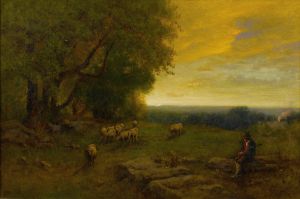 Shepherd And Flock At Sunset