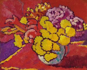 Fleurs jaunes, draperie rouge
