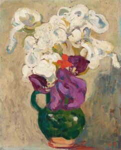 Bouquet d’iris au pichet vert