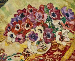 Bouquet d’anémones au vase à l’oiseau sur fond jaune