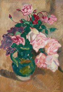 Bouquet de roses à la cruche verte