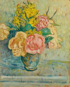 Bouquet de roses et de mimosas