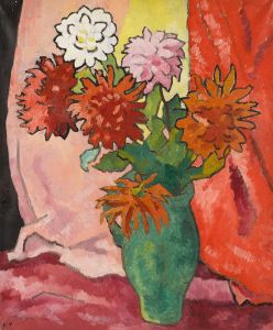 Dahlias, cruche verte