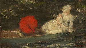 Frau und Kind im Freien mit rotem Parasol