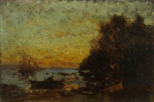 Barque et voiliers, coucher de soleil. Au revers; Marine