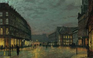 Boar Lane, Leeds by lamplight