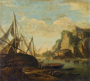 A Mediterranean coastal landscape with a ship