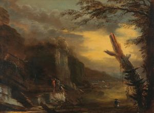 Figures fishing in a rocky coastal landscape