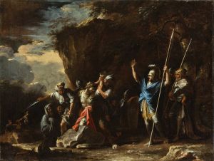 Scene from Greek history; The deaf-mute son of King Croesus prevents the Persians from killing his father