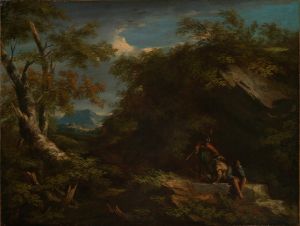 Mountainous forest landscape with resting warriors