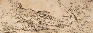Landscape with hills and a lake, trees in right foreground