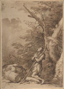 The Prodigal Son Kneeling Repentant among Swine