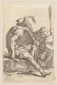 Four Soldiers, One seated on a Stone at the Left