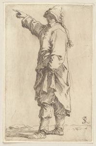 Man Standing, with Arm Raised, Pointing Toward the Left