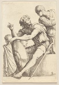 Seated Soldier with Shield and Two Other Figures