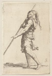 Soldier Holding a Cane with Both Hands, Walking Toward the Left