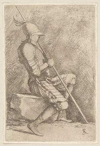 Soldier, Seated, in a Helmet, Holding a Cane