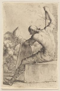 Three Soldiers, One Seated and Supporting Himself with a Cane and Shield