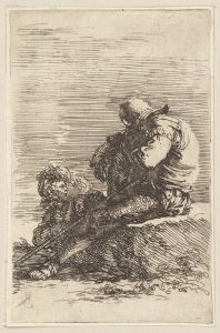 Two Soldiers, One Seated on a Ledge, Holding a Cane