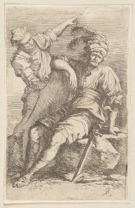 Two Soldiers, One seated with Sword and Shield