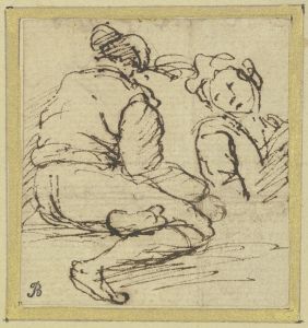 Two figures; on the left a seated man seen from the rear, on the right a half-length figure