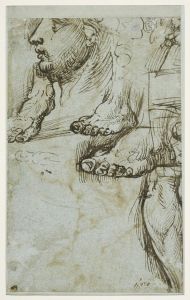 Study of a head in profile, three feet and a lower leg