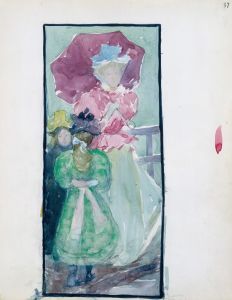 Two young girls and a woman with a parasol