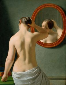 A Nude Woman Doing Her Hair Before A Mirror