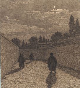 Måneskin over en vej med tre figurer. Illustration til ‘Linearperspectiven’, Tavle IV