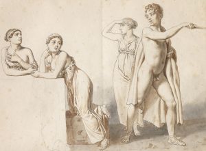 Fire studiefigurer, tre kvindelige og en mandlig i antikke dragter.