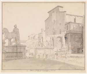 Et parti af Piazza del Campidoglio set mod balustraden med Dioskurerne og kirken S Maria in Aracoeli