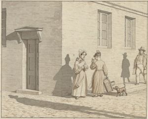 Linearperspectiven, anvendt paa Malerkunsten – Tavle VII,1 – Et møde på et gadehjørne