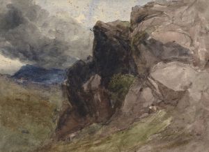 Rocky landscape in Wales with figure drawing in the foreground to the right