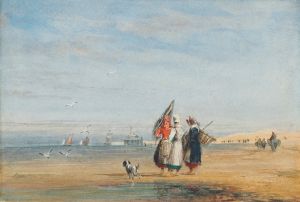 Calais beach with shrimpers and a dog