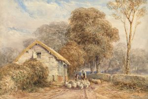 A traveller on horseback, with a shepherd and his sheep, by a barn, on a country road