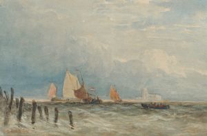 Dutch fishing smacks off the coast, with Grote Kerk, Dordrecht in the distance