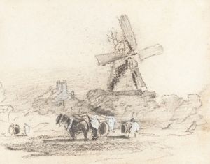 A Cart with Two Horses near a Windmill