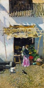 Jeune femme à la jupe lilas, devant une échoppe de légumes