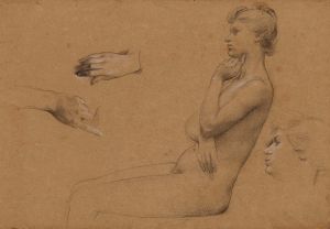 Nu de femme assise, et étude de mains et de visage
