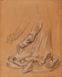 Etude de drapé sur un personnage de trois-quarts de dos, en tailleur, et étude d’une manche