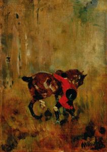 Cavalier de chasse à courre ressanglant son cheval