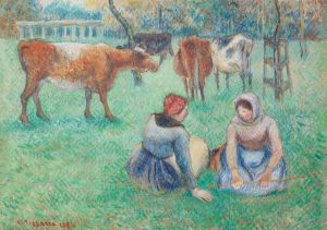 Paysannes assises gardant des vaches