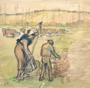 Paysanne et enfant faisant du feu