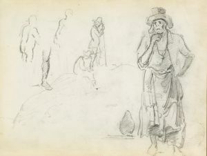 Man with his hand to his chin, with sketches of men in profile and a leg