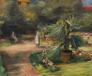 Garten mit Palme und zwei weiblichen Figuren