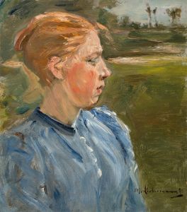 Blaues Mädchen in Landschaft – Bauernmädchen